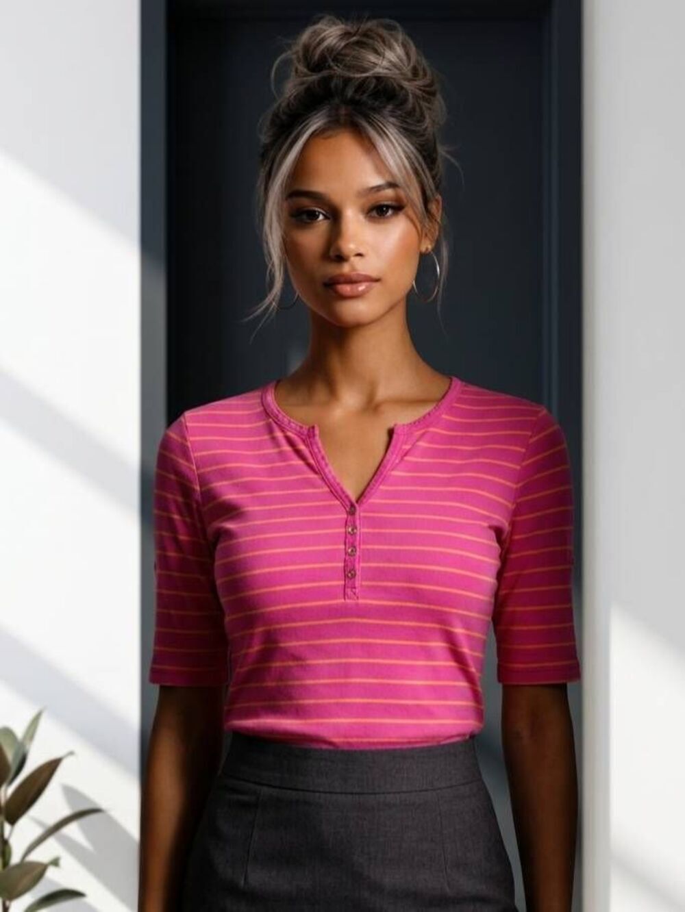 🔹️Ralph Lauren Pink & Orange Stripe Button Vneck Roll Tab Sleeve Top Medium